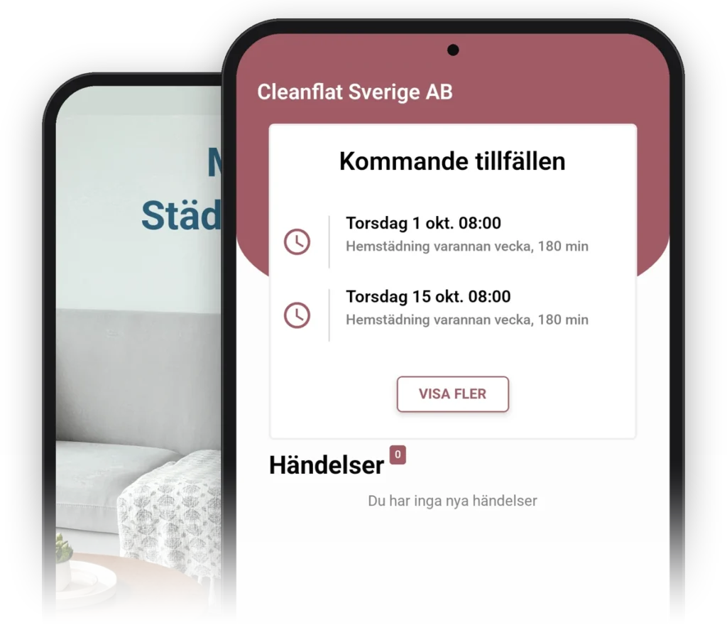 Cleanflat-appen Mina Städtjänster med inloggning via BankID och vy över kommande städtillfällen