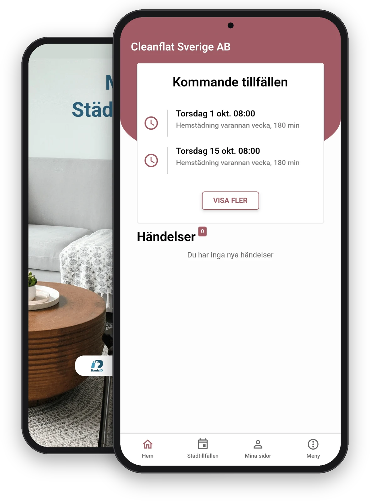 Cleanflat-appen Mina Städtjänster med inloggning via BankID och vy över kommande städtillfällen